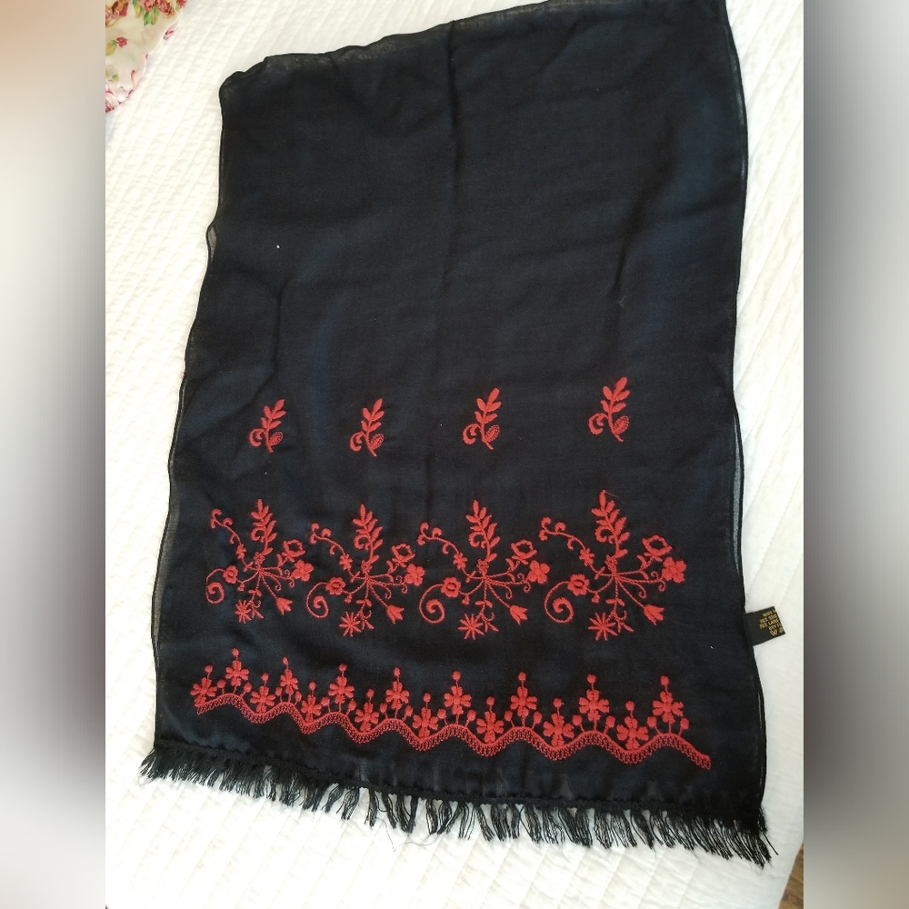 56"×20" black French silk and wool scarf with red embroidery,  never worn
